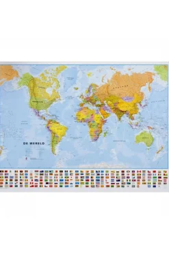 Maps International Wereld pol. gepl. met latjes +vlaggen mi