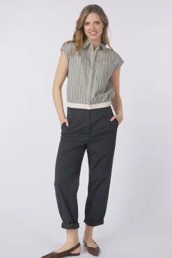 Yaya Broek Cotton Woven High Waist With Straight Leg