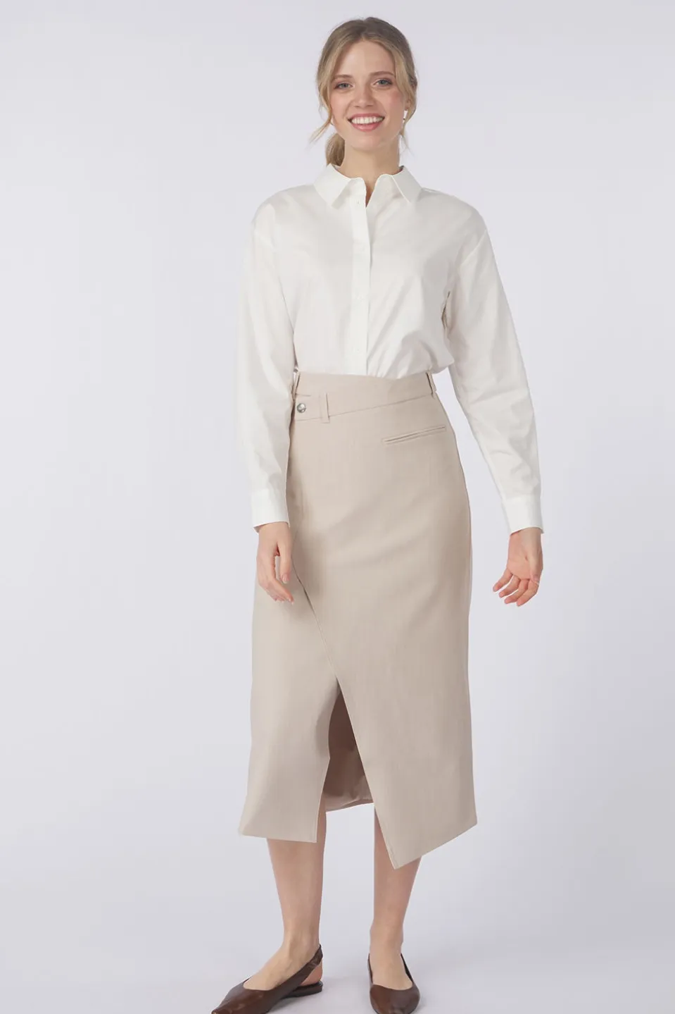 Yaya Rok Woven Melange Midi Skirt With A Symmetrical Effect